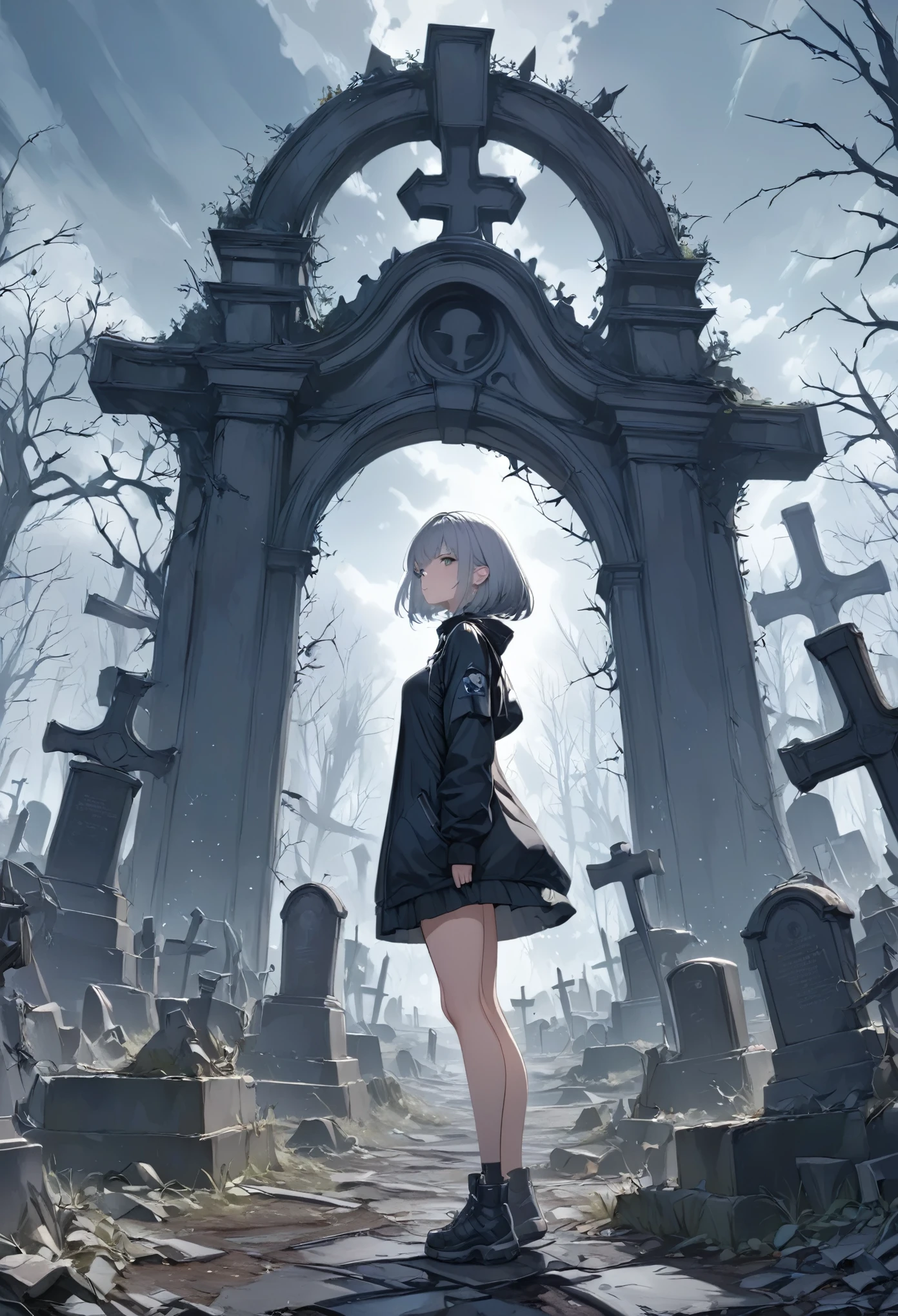 masterpiece, best quality, 8k, highres, ultra-detailed, HDR, UHD, 1girl,full body,side view,drkgirl, derelict graveyard