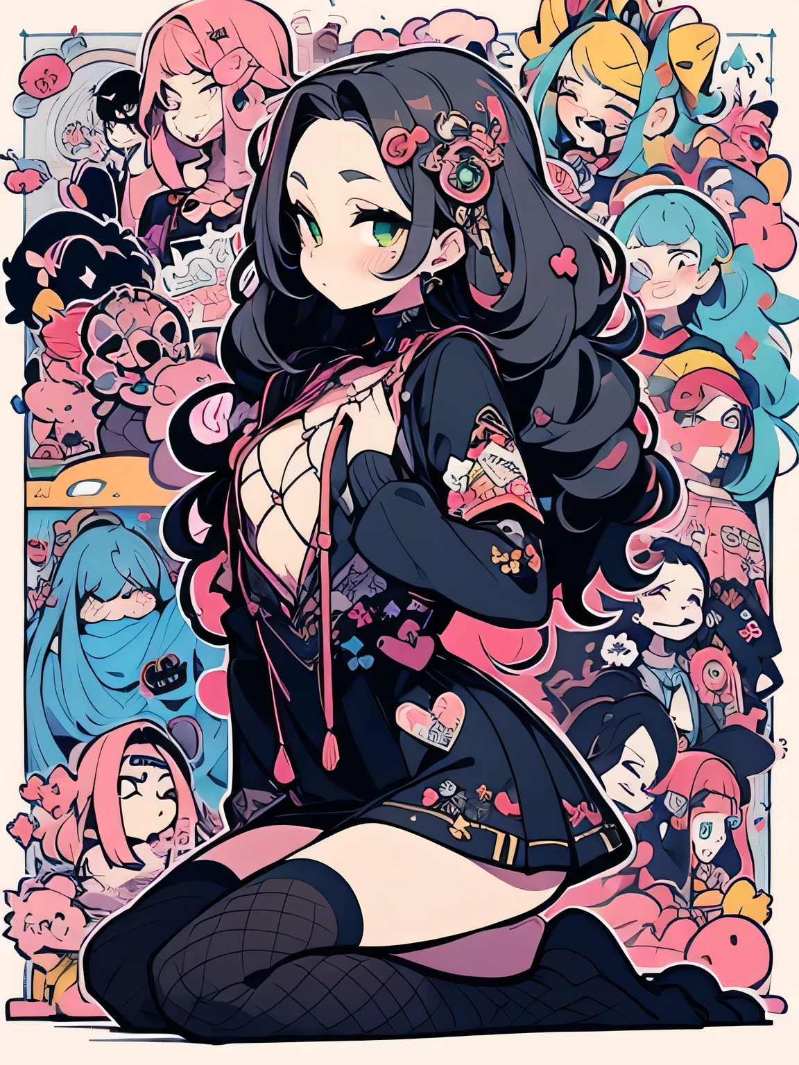y2k, Busty Goth fashion, 1girl, yab, illustration, poster, idol, squat, fisheye lens