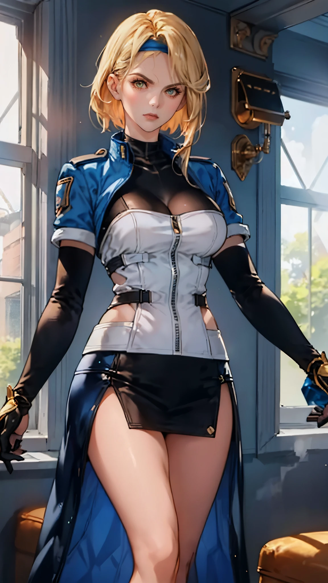 (Very detailed background:1.0), (Highly detailed background:1.0),absurderes, ((masutepiece:1.2, Best Quality)),  (Dynamic Pose), (Photorealistic:1.4), Official art, Unity 8k壁纸, Beautiful and aesthetic, Looking at Viewer, 1lady, wide hips, Full Back White Cotton Panties、(Shiny skin), Many colors, White panty、Dynamic Angle, Most Beautiful Form of Chaos, Elegant, a brutalist designed, romanticism, deepshadow, lowkey, Looking back, android_18, and18, and18, 1girl in, Android 18, Solo, Blonde hair, Blue eyes, poneyTail