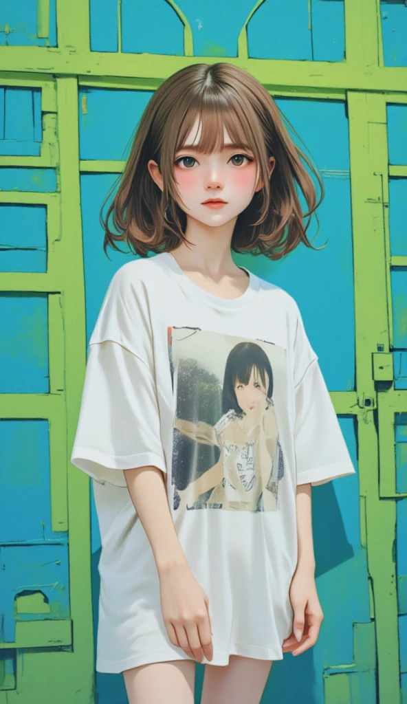  anime style、 anime style、green、群green、blue、Geometric pattern background:1.3、 dark color、 perfect anatomy、 cute girl hair、 Look Away、white baggy Ｔ shirt、プリント shirt、 loose closure 、Retro、 best quality、 super detailed、High quality details