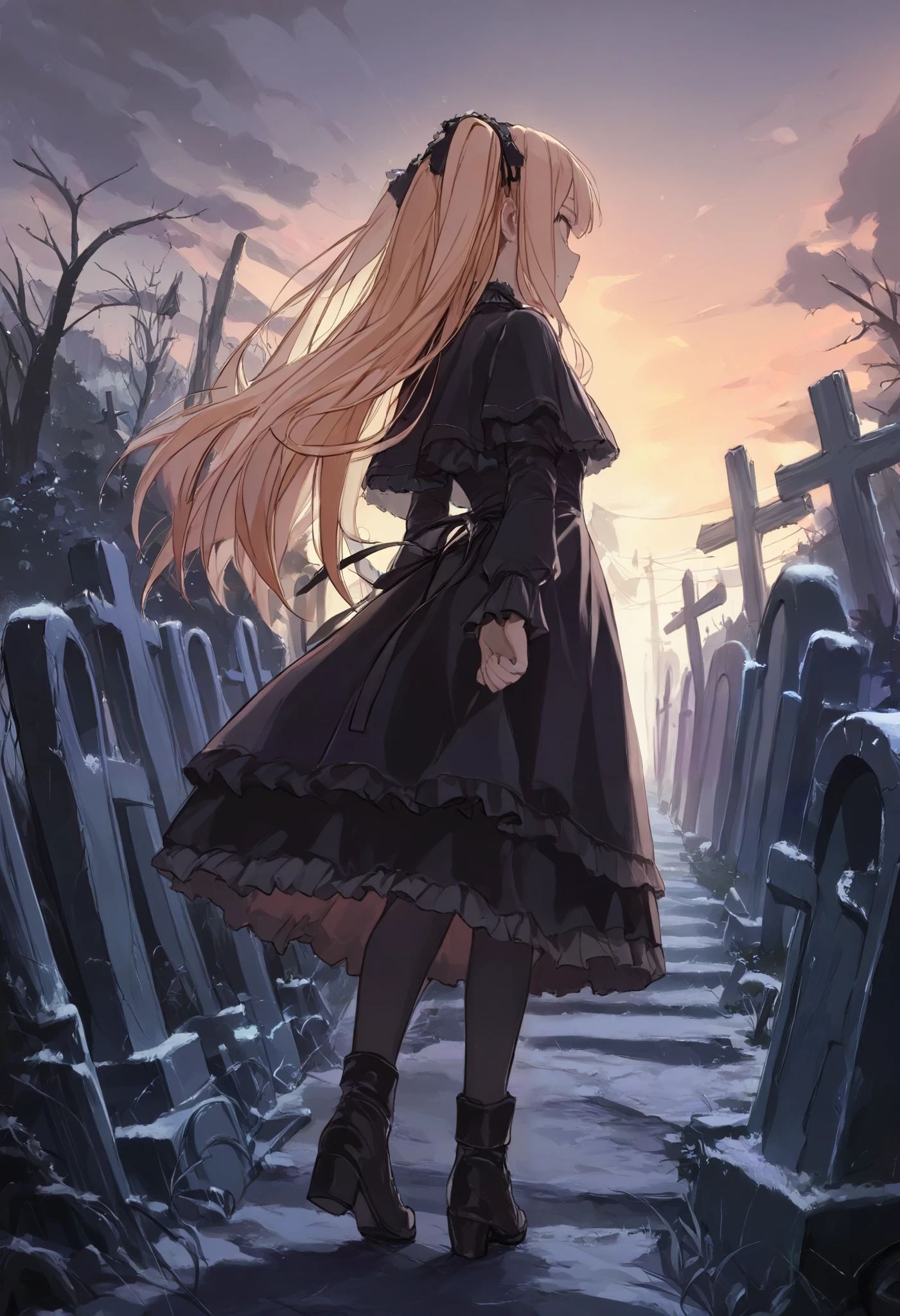 masterpiece, best quality, 8k, highres, ultra-detailed, HDR, UHD, 1girl,full body,side view,drkgirl, derelict graveyard,dark gothic