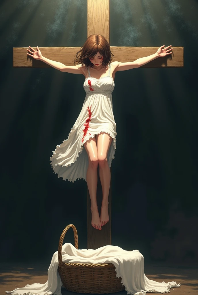 The image is in adult anime style cowboy bebop or Darker than black style with shadows and dim lights, anime style although somewhat adult and dark, It shows an adult woman, 30 year old albino mature woman with red eyes. naked. You can see his bare feet, high. Uneven wavy short hair. has clean toenails. Strong legs. She is crucified against a white marble pillar and pierced by a red spear in her eye., another spear in the chest, another in the abdomen and on one of his legs. Anime gore nsfw style