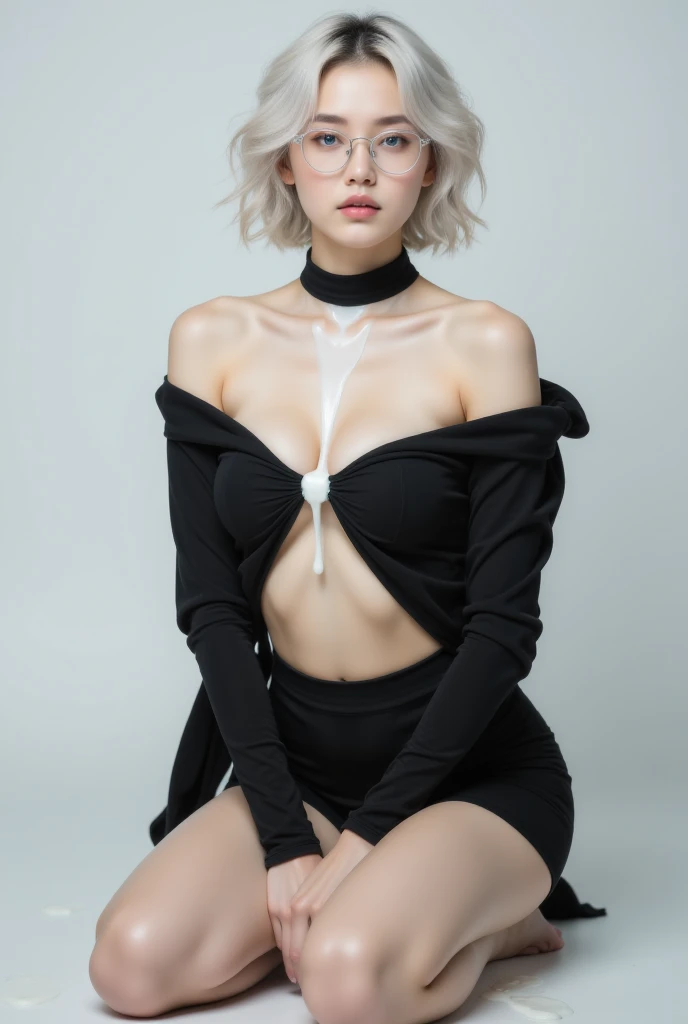  a girl with short, messy white hair, Round glasses,  blue eyes,  wearing a black off-the-shoulder top ，High neckline above the knee  , miniskirt, ，My mouth is full of milk ， milk drips on my chest，Kneeling