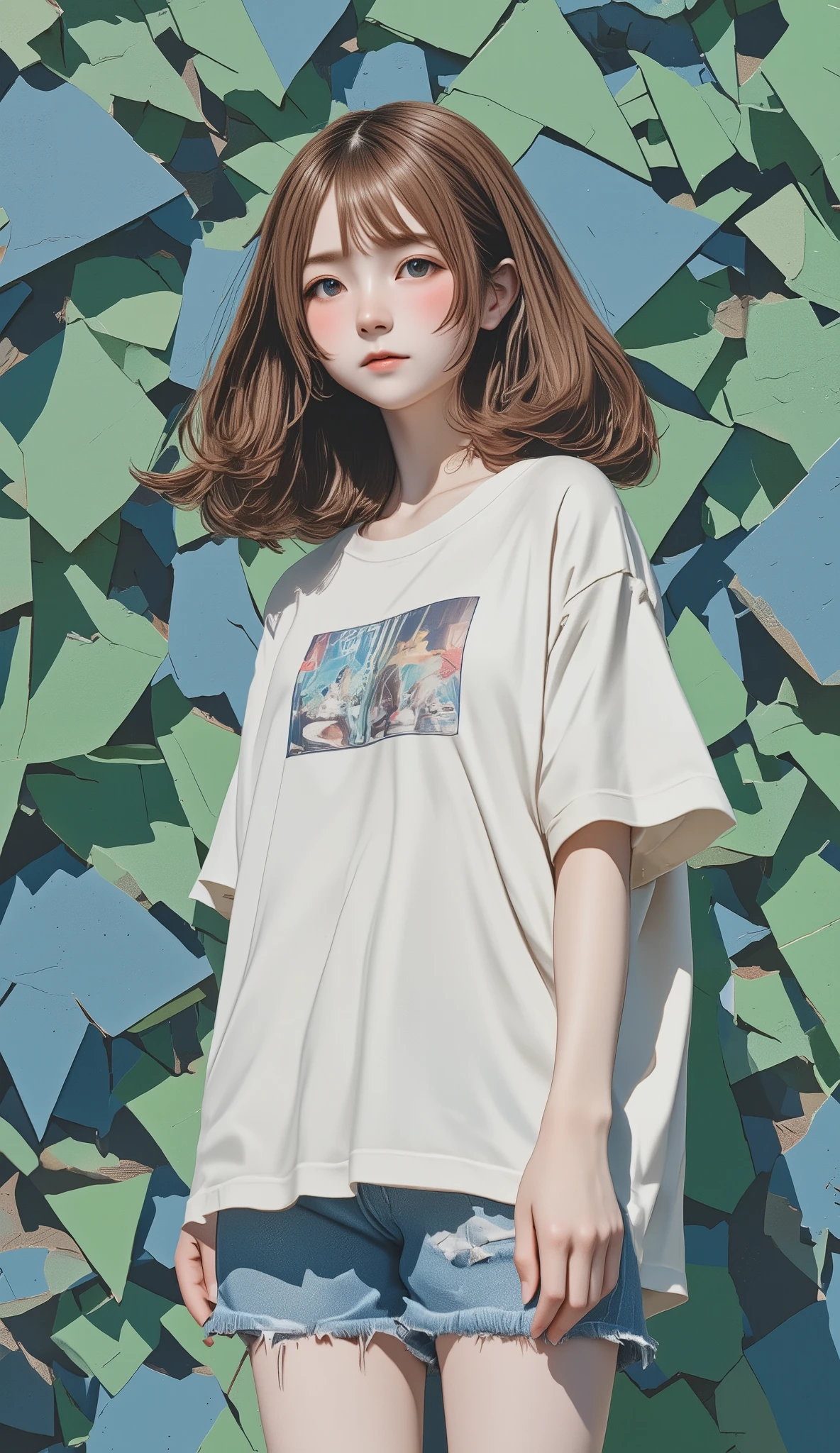  anime style、 anime style、green、群green、blue、Geometric pattern background:1.3、 dark color、 perfect anatomy、 cute girl hair、 Look Away、white baggy Ｔ shirt、プリント shirt、 loose closure 、Retro、 best quality、 super detailed、High quality details