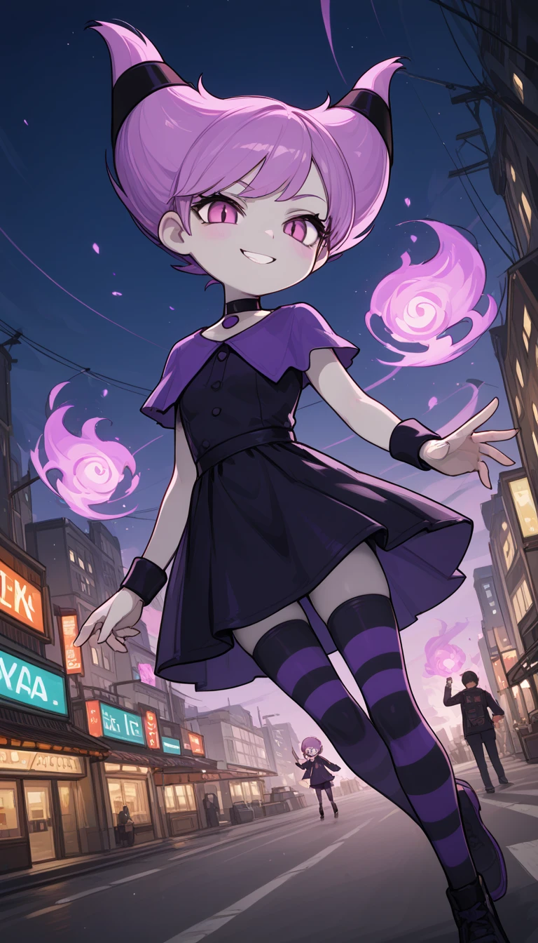  jinx\(dc\), solo, 1girl\(cute,chibi,(gray skin),striped clothes, thighhighs, standing, pantyhose, striped thighhighs, twintails, choker, dress, short hair, collar, (evil smile:1.3), combat stance, (purple aura:1.3),full body,(flying in the air:1.3),(dynamic pose:1.3)\),flom below,(dynamic angle:1.2).background\(outside, noisy city,very urban city, backstreet, narrow street, neon lights, at night\).score_9, score_8_up, score_7_up, score_6_up, score_5_up, score_4_up, source_anime,source_furry,rating_safe,rating_questionable,masterpiece, best quality, perfect anatomy , very aesthetic , absurdres ,