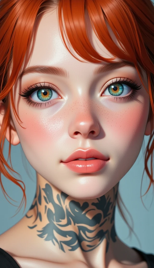 Close-up:
woman, white pele, Eyes color blue and green, thin and pink mouth, spiky red hair,  Delicate Makeup, exposed shoulders, He is smiling,  plain background.
32K , HDR, UHD, intricate detail, extremely intricate detail, hyperrealistic, extremely realistic, high quality, vivid color, extremely detailed.