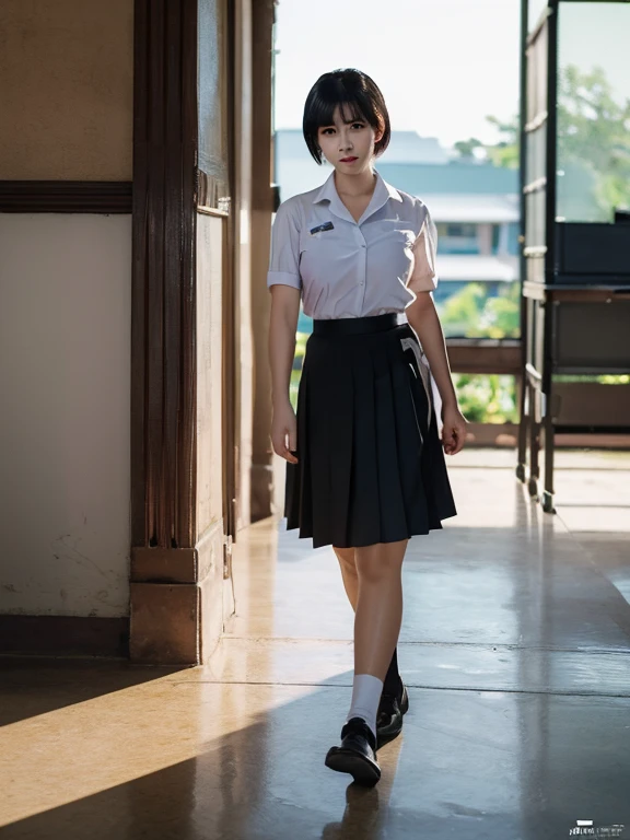 (photorealistic:1.4),Best quality, masterpiece, ultra high res, raw photo,rim  lighting,(cowboy shot) ,Thai classroom, 1girl,(mathayom uniform),white shirt short sleeves,(black pleated long skirt:1.2),short hair ,dramatic scene , Pretty thai woman short hair , big breasts
 