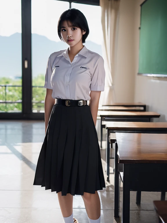 (photorealistic:1.4),Best quality, masterpiece, ultra high res, raw photo,rim  lighting,(cowboy shot) ,Thai classroom, 1girl,(mathayom uniform),white shirt short sleeves,(black pleated long skirt:1.2),short hair ,dramatic scene , Pretty thai woman short hair , big breasts
 