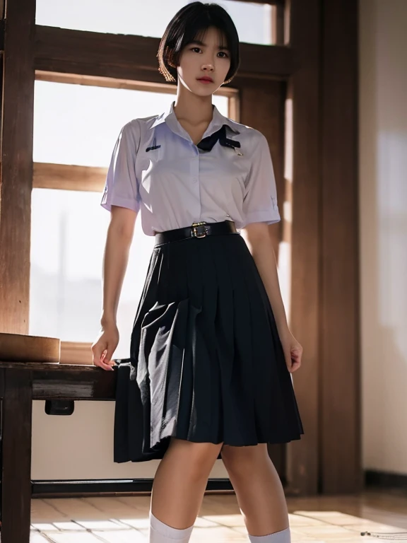 (photorealistic:1.4),Best quality, masterpiece, ultra high res, raw photo,rim  lighting,(cowboy shot) ,Thai classroom, 1girl,(mathayom uniform),white shirt short sleeves,(black pleated long skirt:1.2),short hair ,dramatic scene , Pretty thai woman short hair , big breasts
 