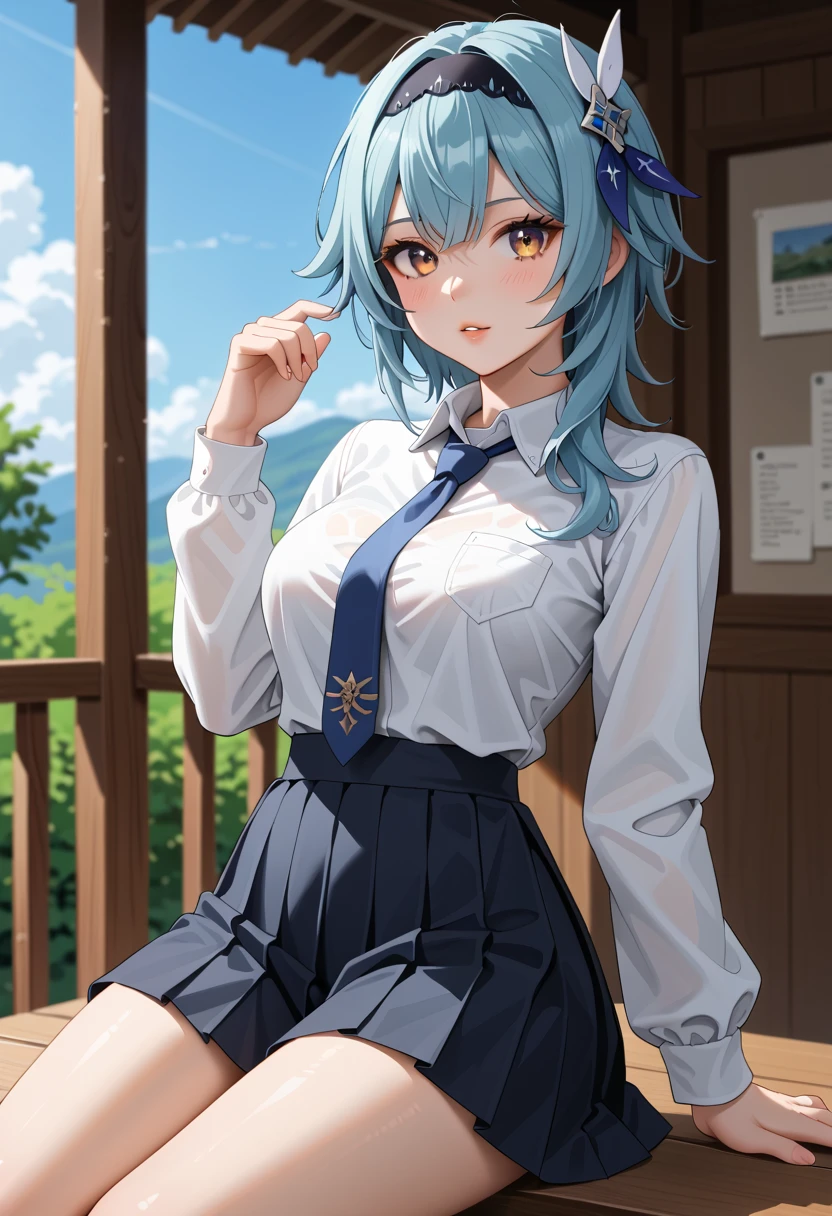 1girl, eula_(genshin_impact), solo, skirt, necktie, blue_hair, hairband, sky, shirt, looking_at_viewer, white_shirt, blue_sky, breasts, blue_necktie, long_sleeves, hair_ornament, sitting, cloud, school_uniform, yellow_eyes, parted_lips, bangs, black_hairband, pleated_skirt, medium_hair, blue_skirt, thighs, large_breasts, day, alternate_costume, outdoors, collared_shirt, medium_breasts