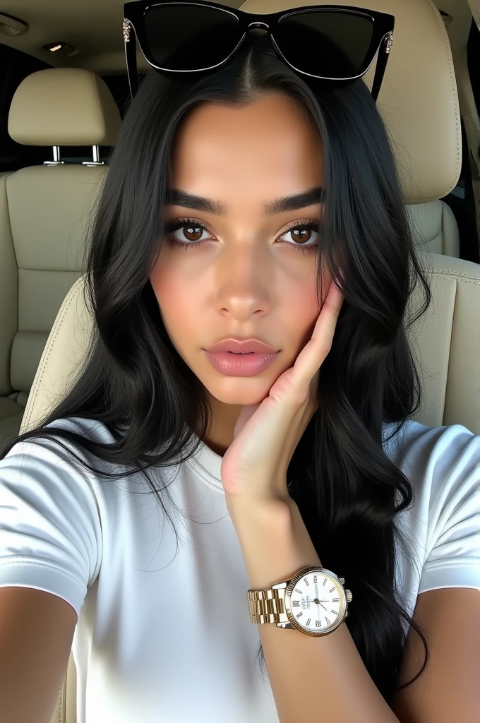 Linda morena sexy (black has) (on a plane),Selfie, low cut, very detailled, 18 years old, inoccent face, naturally wavy hair, greeneyes, high resolution, Head of'Works by'artistry, best qualityer, details Intricate, very detailled, sharp focus, skin detailed, texture de peau realisitic, texture, detailedeyes, proffesional, 4K, charming smile, taken with Canon, 85mm, slight depth of field, Cores Kodak Vision, perfectly fitted body, extremely detaild, fot_\(ultra\), photographiquerealisitic, realisitic, after treatment, Maximum details, roughness, real-life, ultrarealisitic, fotorrealism, fot, 8k uh, fot