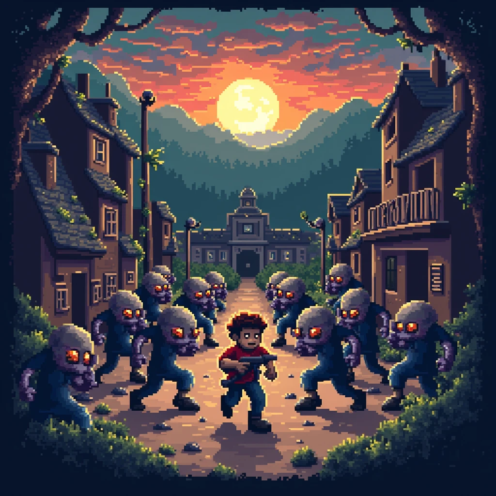 A comical, pop-style zombie with a dollar sign on its head, a young woman and a man who are surprised by it, the overall atmosphere, a movie-style poster, in a pixel art style, detailed , best quality, masterpiece, ultra intricate detailed, high detailsone