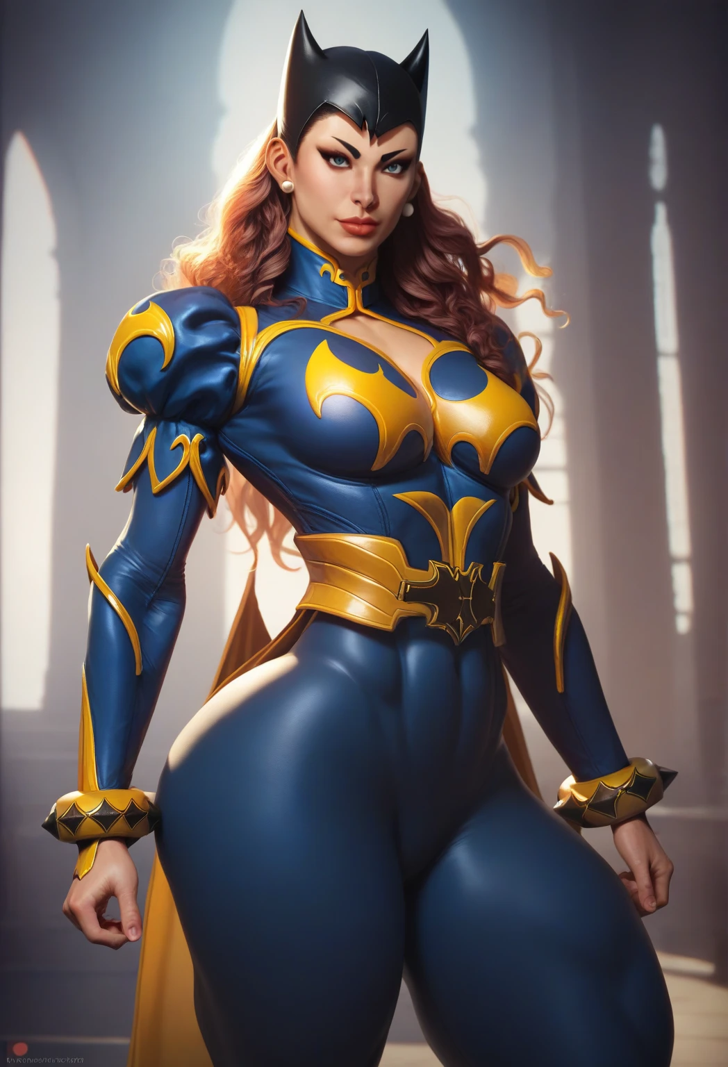 A highly detailed, epic female character in video game style armor, similar to Batgirl from the Batman movies, beautiful detailed eyes, beautiful detailed lips, extremely detailed eyes and face, long eyelashes, detailed armor, intricate designs, beautiful flowing hair, dynamic pose, dramatic lighting, cinematic composition, deep rich colors, fantasy, digital art, 8k, high resolution, photorealistic, masterpiece, chun li wearing batgirl armor, batgirl, black outfit, fit toned body, medium breasts, wide curvy hips, big ass, toned thighs, thick thighs, muscular thighs,