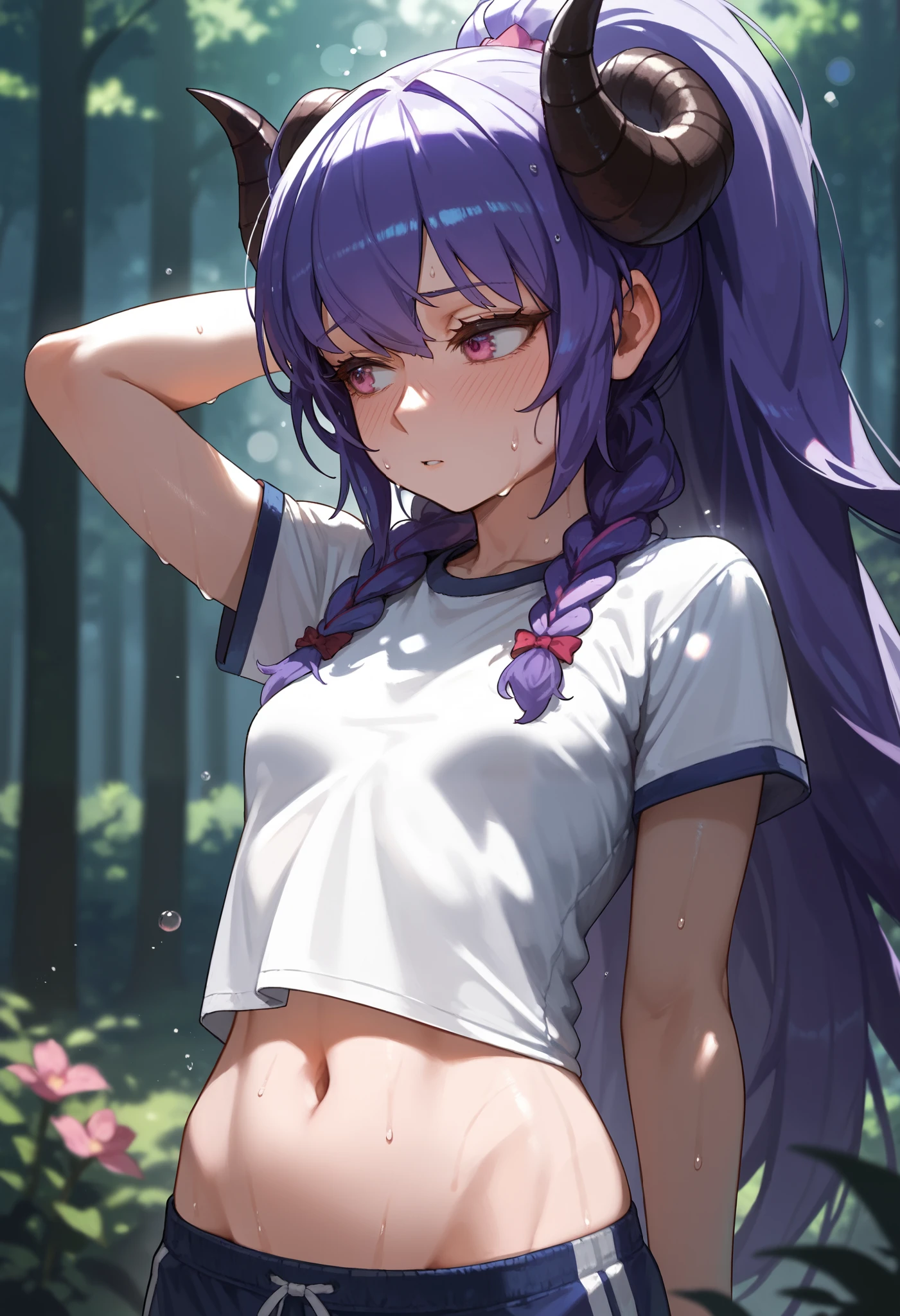 Masterpiece, anime, 1girl, Sbkin, sheep girl, long hair, purple hair, (ponytail), big hair, braids, curved horns, pink eyes, white shirt, gym shorts, navel, sweat, upper body, leaning back, hand behind head, small breasts, neutral, serene, panting, looking away, forest, flowers, bokeh, mist, score_9, score_8_up, score_7_up, unaestheticXL_bp5