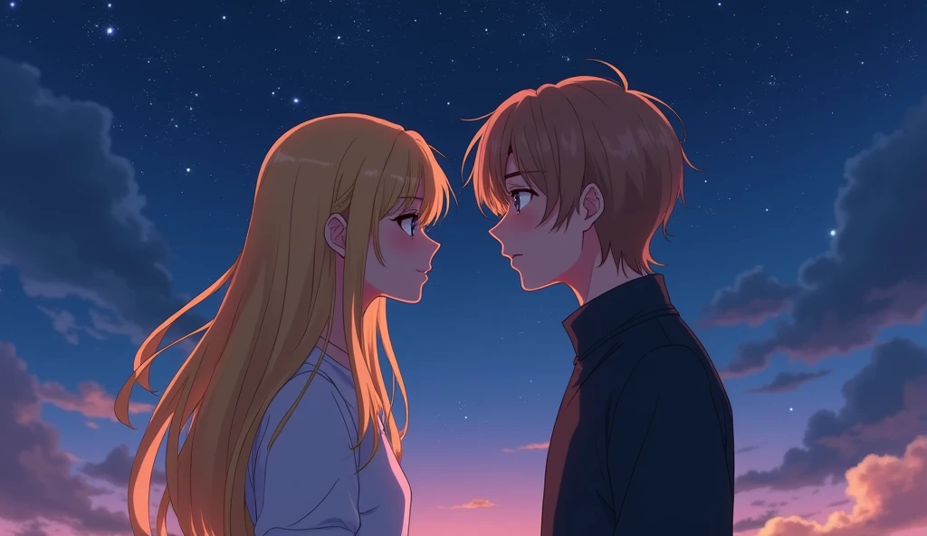  created a 23 year old girl with long blonde hair and a 25 year old boy with slightly long brown blonde hair, Background is starry sky，The two face the camera ,  neither of them showed their faces  。
 love story of a grown couple 。 
Generate image, Anime style, were inspired by the song "" IU and Suga 。  Close up of the protagonist standing with his back to the camera。