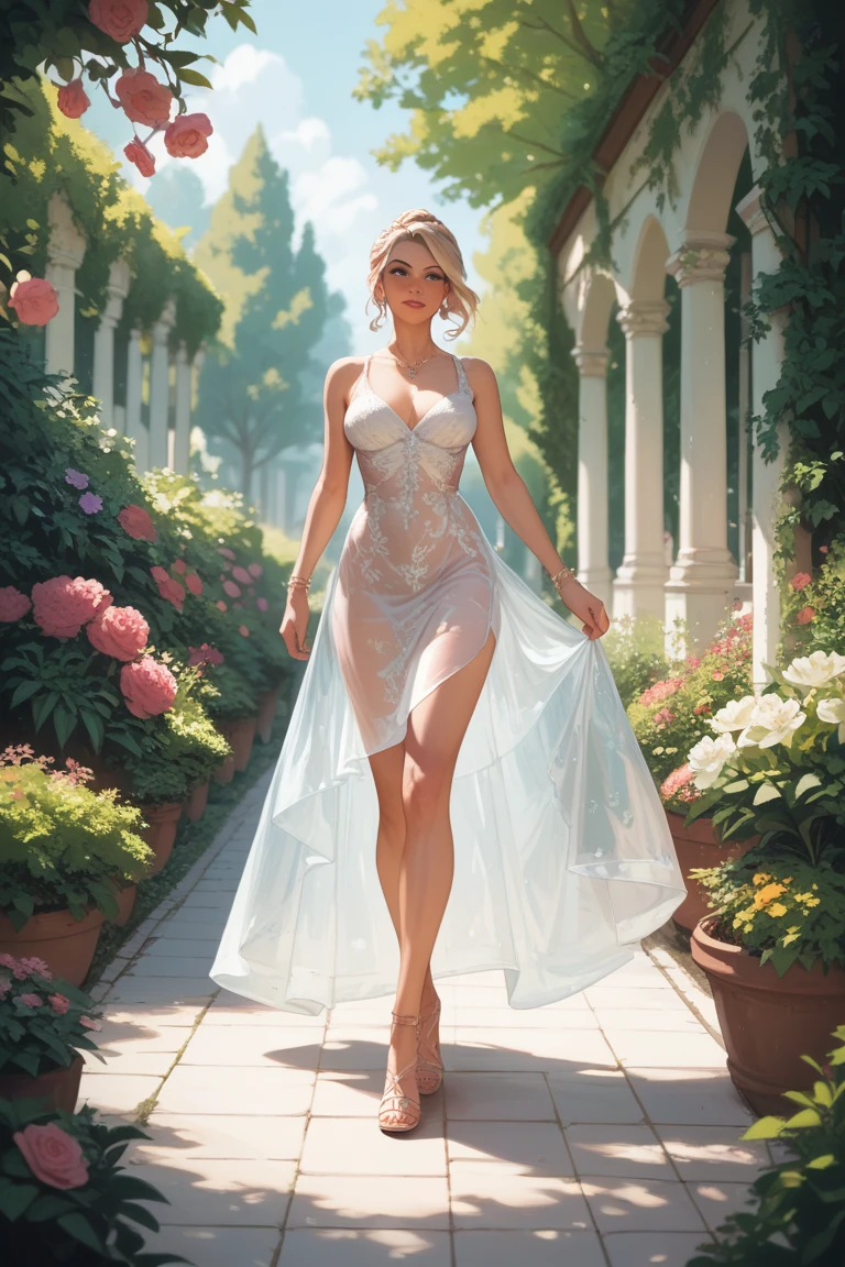 sksbrooke person, sksbrooke, (masterpiece:1.2), (best quality:1.2), perfect eyes, perfect face, 1girl, solo, brown eyes, (medium breasts), perky breasts, seductive look, pink wedding dress with a shawl, walking in the garden,