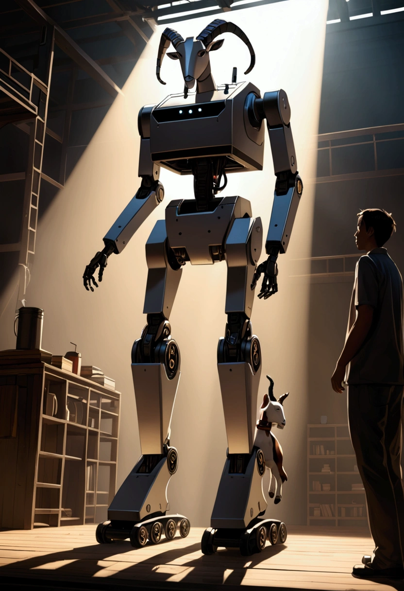 A smaller robot in a room in a larger home scene, with another robot talking to him in front of him, and a piano in another room. --auto