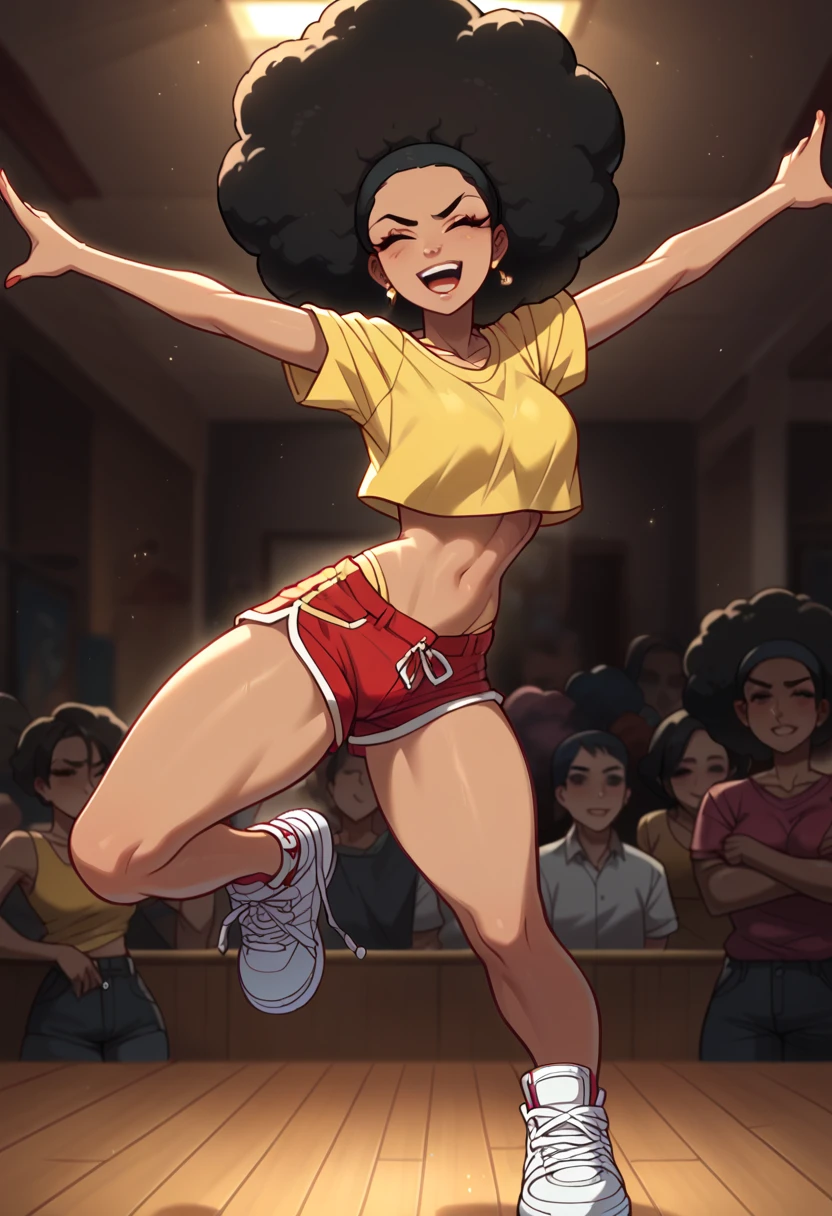  Graphite of an Afro girl with black hair, 1 girl,dancing,confrontation, Doing Twerk, Color illustration,((yellow top,short red shorts )),white sneakers, thick thighs ,perfect anatomy 