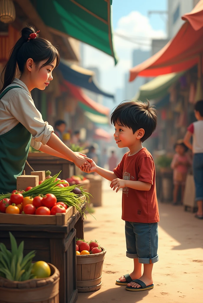 A girl saw her poor mom, counting money in the purse ar the market, looking sad