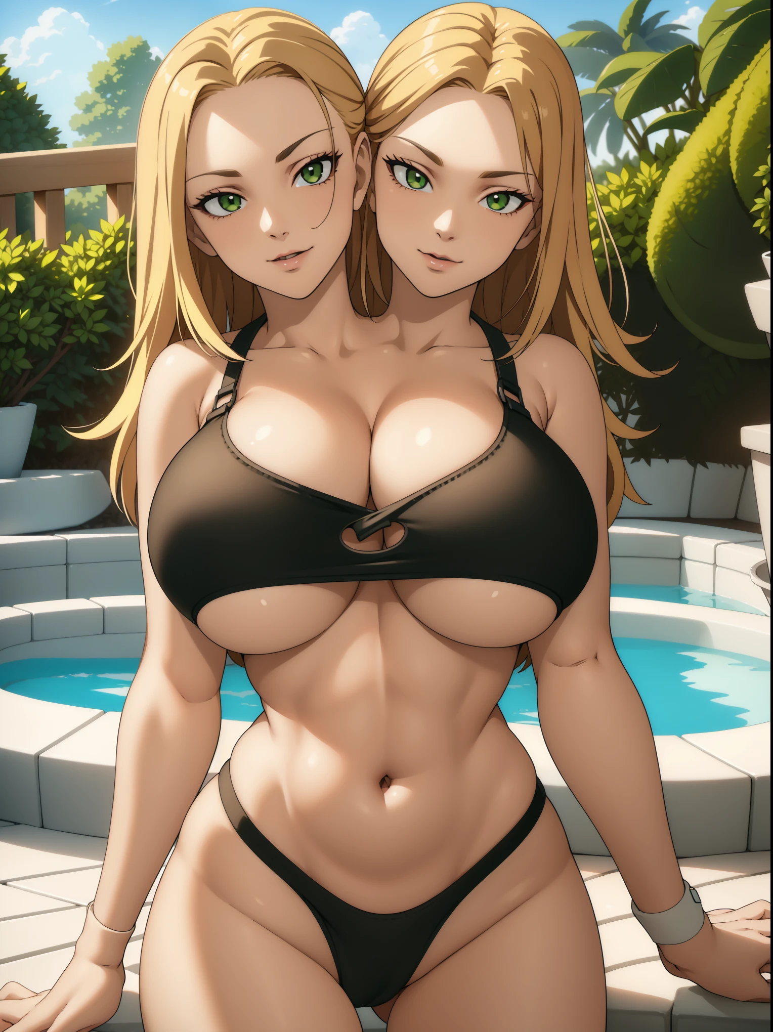 (masterpiece),(ultra-detailed), (high quality), (high resolution), (best quality:1.5, highres, UHD), highres, absurdo, ultra detail, ultra quality, ((2heads:1.5)), 1girl, ((blonde hair)), thighs, seductive smile, seductive expression, seductive woman, green eyes, beautiful girl, Ultra resolution, 16k, detailed face, ((slim hips)), sassy, flirty, mature woman, sexy beautiful woman, ((cleavage)), (exposed midriff), ((underboob bra)), (underboob bikini), ((pool))