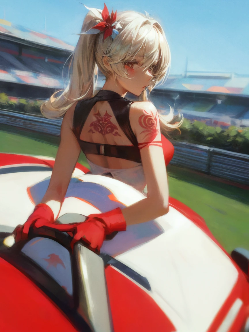 (masterpiece, highest quality:1.2),  1 girls, , ((She's wearing a very cute outfit)),  ((race queen costume)) , ((Racing track)), ((red sports car)), (eyes half closed), (large tears), (lots of drool), The body shakes violently, ((Hasselblad Photos)), [:(detailed face:1.2):0.2],(Cute tattoo), orgasm , aroused , Big breasts , Sexy pose , Hair accessories ,, Silver twin-tail hairstyle ,from behind,