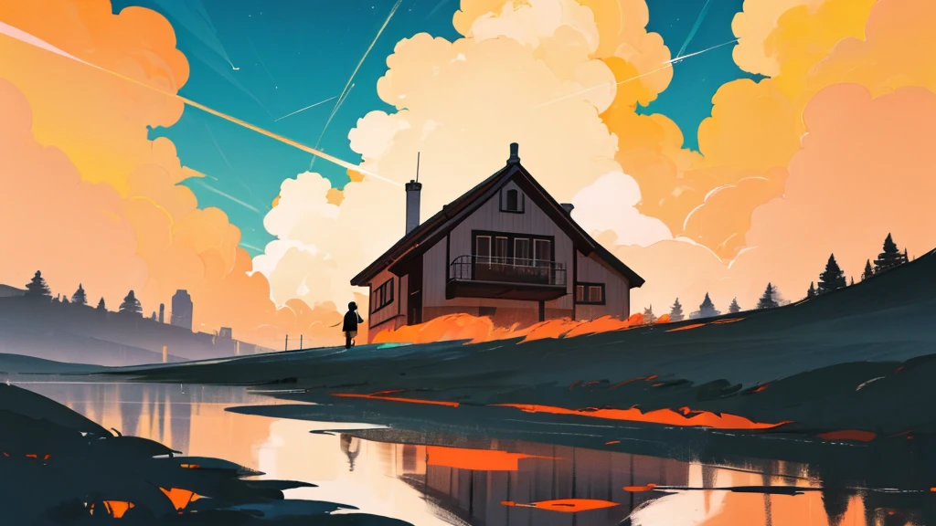 A boy standing in front of a small house watching a giant gun shoot a giant bullet into the sky, landscape art, beautiful, vibrant, long shot, warm colors, sunny, really beautiful, centered, breathtaking, skistyle