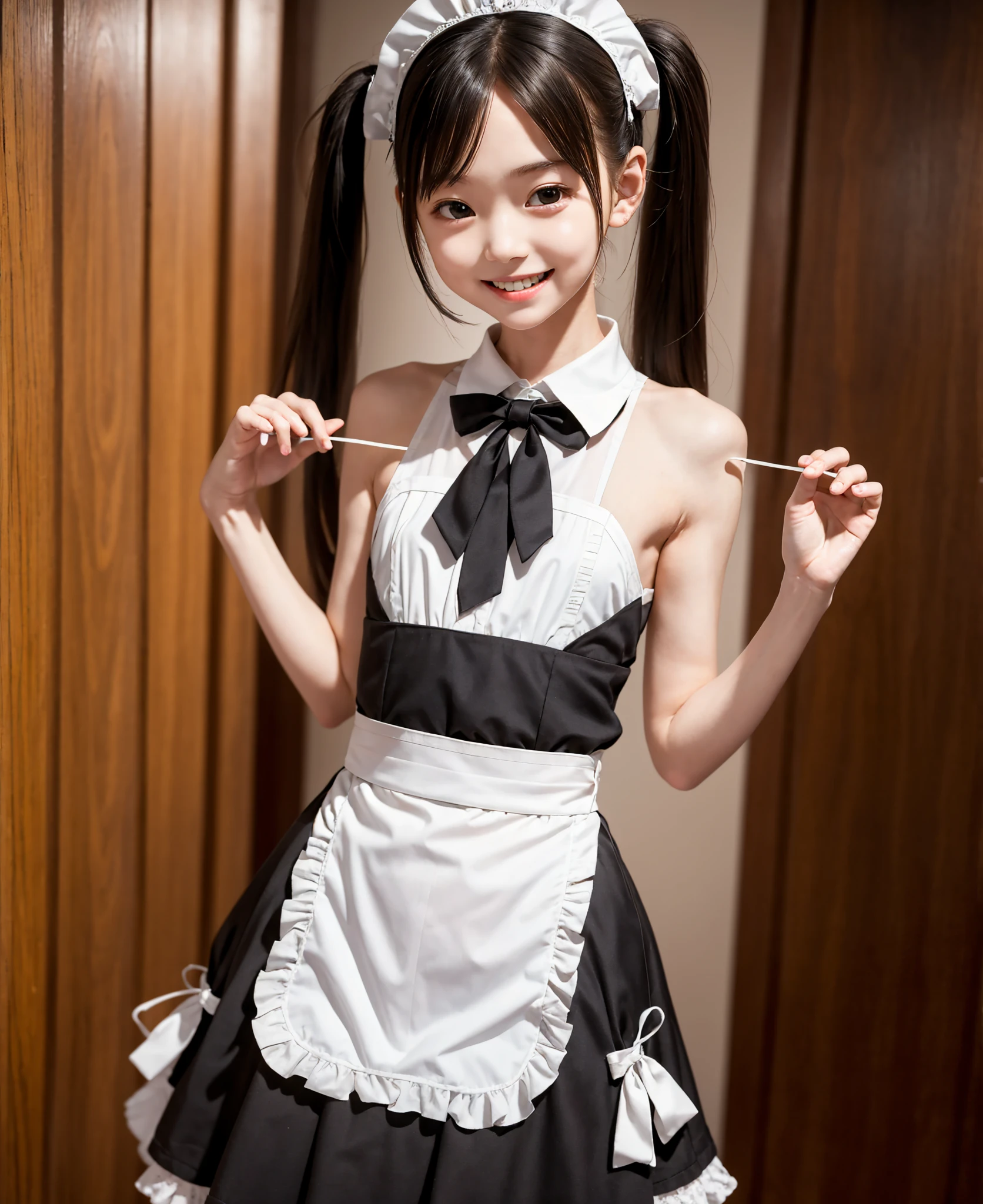 Maid, cute girl, white skin,twin tail thin arms,Thin legs