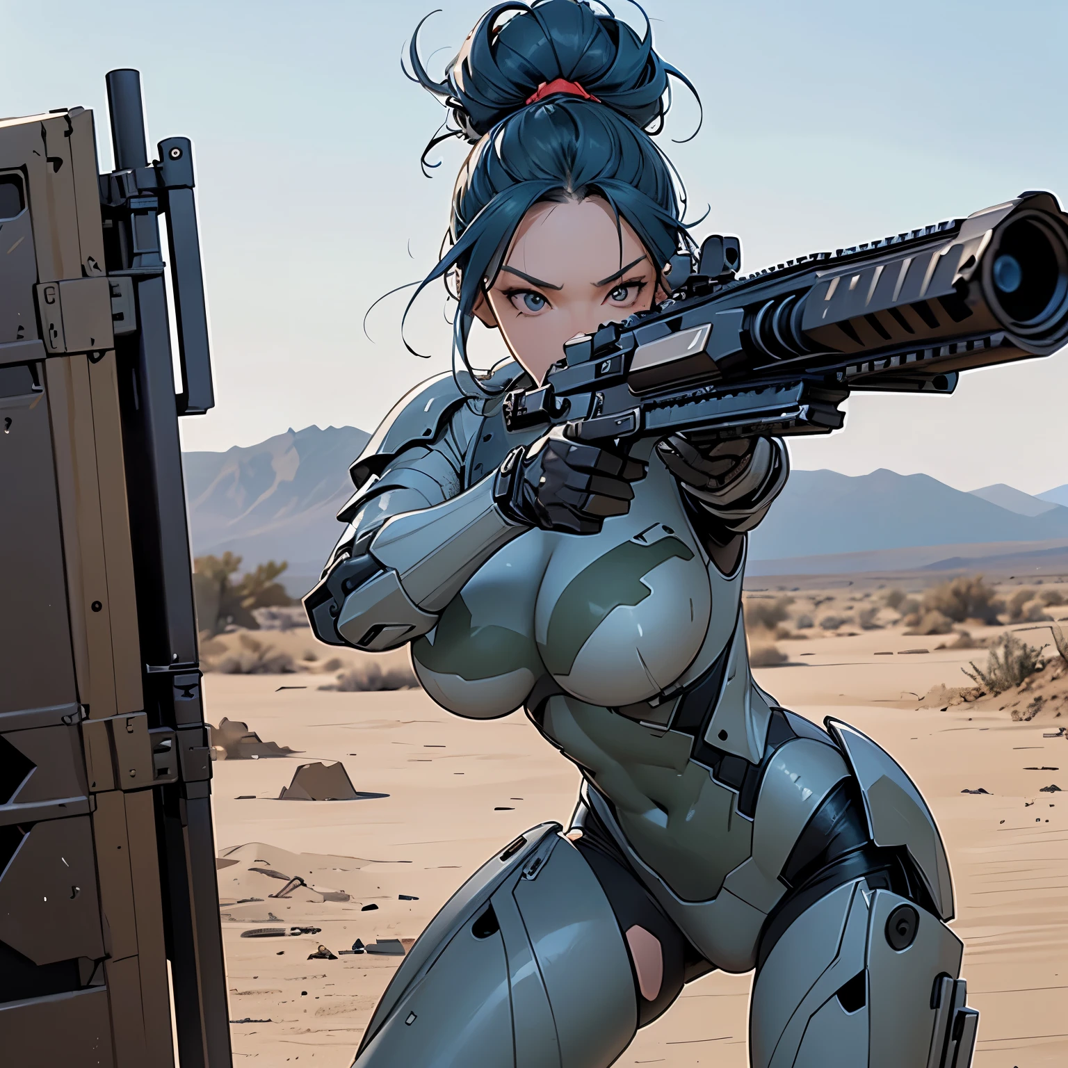 nsfw, anime screencap, 16K, perfect anatomy proportion body, action, A dynamic composition with a sense of speed and movement, (Hold an assault rifle:1.6), a wife, 40age, perfect beautiful delicate sexy face, perfect beautiful delicate eyes, brown hair, short bob hair, gigantic tits, abs, Heavy armored full armor powered suit with precise steel construction, Many steel heavy armored robot soldiers having a gunfight in the background, Flying bullets, The lost and ruined ancient city, war, Post-apocalyptic,