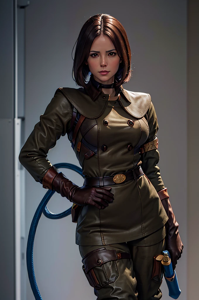 (Best image quality, highest quality, Highest Resolution, Ultra-Realistic Images, Very detailed, masterpiece, 8k), One Woman, Brown medium hair, Khaki military uniform, Leather gloves, Leather boots, (holding a blue whip), big Breasts, blush, serious look, Dynamic pose, Browsing Caution, perfect face