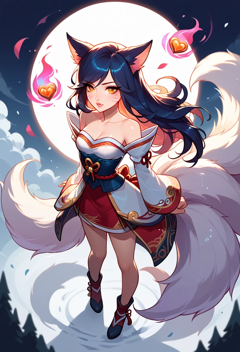 ahri, ahri_(league_The_Legends), 1 , absurdres, animal_Ears, therefore_Hair,  Thesanexou _Sleeves, Distr, facial_[mark, fox_Ears, fox_tail, hand_above,  highres icon, league_The_Legends, far away_Hair, fato The neve, magic,   multiple_tails, White_tails, orange_eyes, separate_lips, Alone, standing, tail, full_Body,  arms back 