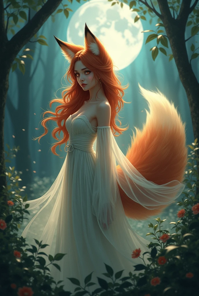 (raw photo, best quality) , (Realistic, photo-realistic: 1.4), extremely formidable general plan, masterpiece, ultra-detailed, high resolution, best illustration, best shadow, complex, depth of field, very beautiful woman with bewitching beauty, she has long red hair light brown eyes, she has a beautiful fox tail, and beautiful ears of fox, she has no human ears. She wears a long white dress, she has a beautiful smile, she is in a green forest.