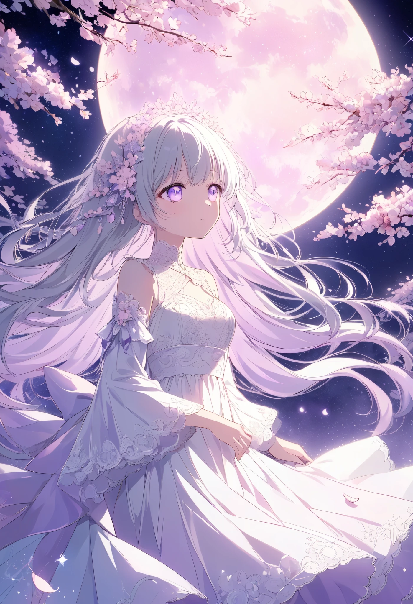 pastel,
Low Fidelity (lofi) art style,
pastel pink and purple tones, full moon, silver hair, anime girl, ethereal beauty, cherry blossoms, flowing white dress, floral headpiece, glowing moonlight, intricate lace details, delicate and graceful, serene expression, fantasy setting, detailed background, romantic atmosphere, sparkling night, high contrast lighting, soft glow