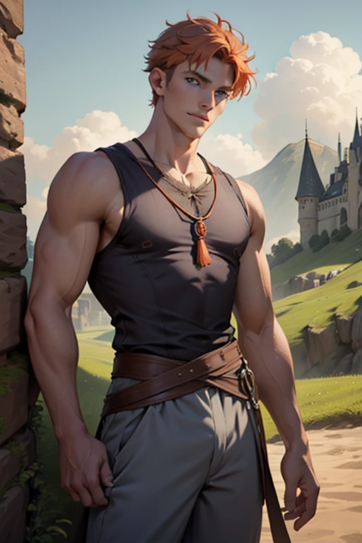 Photo-realistic. A pleased, tall, handsome, fit, 24-year-old Caucasian medieval prince, with short, fade-cut, burnt orange hair, and blue eyes, wearing a red and tan sleeveless tunic, with gray trousers, standing on a castle wall, looking out to the distance, on a cloudy afternoon.