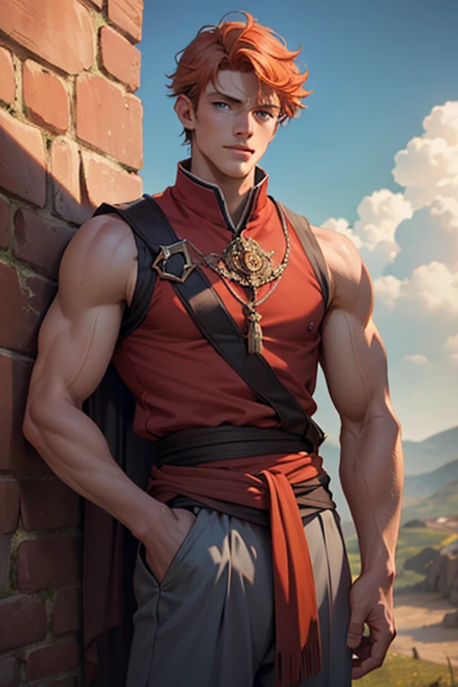 Photo-realistic. A pleased, tall, handsome, fit, 24-year-old Caucasian medieval prince, with short, fade-cut, burnt orange hair, and blue eyes, wearing a red and tan sleeveless tunic, with gray trousers, standing on a castle wall, looking out to the distance, on a cloudy afternoon.