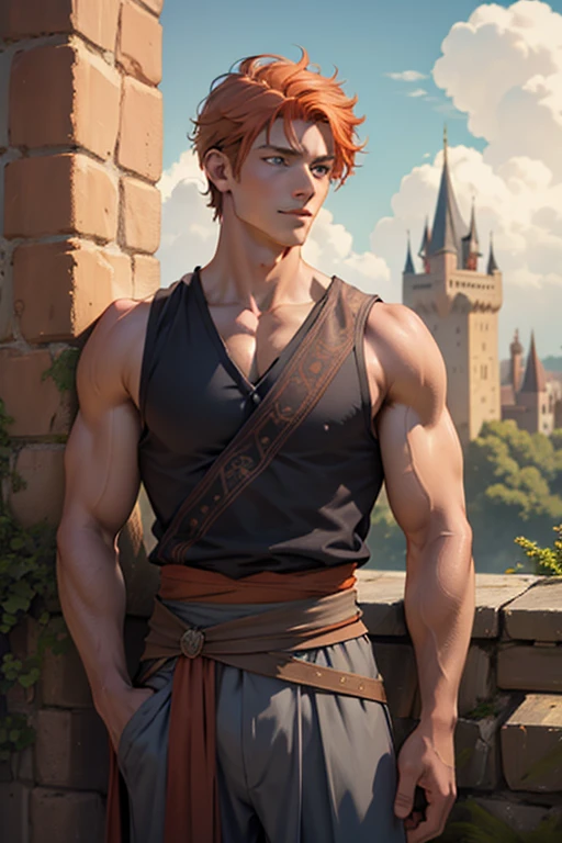 Photo-realistic. A pleased, tall, handsome, fit, 24-year-old Caucasian medieval prince, with short, fade-cut, burnt orange hair, and blue eyes, wearing a red and tan sleeveless tunic, with gray trousers, standing on a castle wall, looking out to the distance, on a cloudy afternoon.