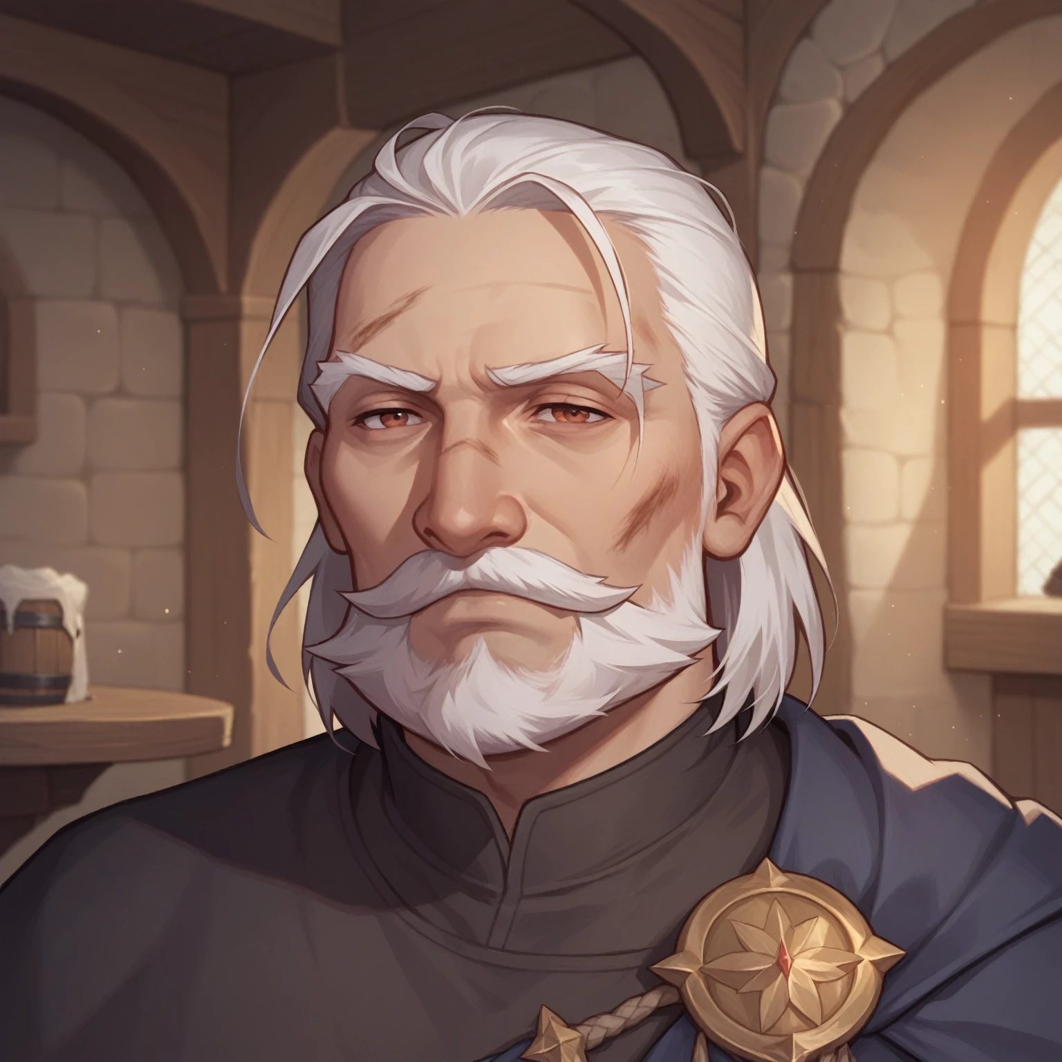 (((beautiful, high quality, detailed face))), score_9, score_8_up, score_7_up, BREAK, old man, mustache, beard, medium hair, straight hair mage, dirty robes, mage robes, black cloak, solo, portrait, upper body, portrait, facing viewer, serious face, tired look, fantasy tavern, blurred background, Expressiveh, detailxl