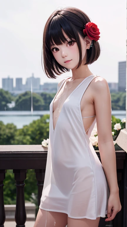 Photorealistic fshorts, rain wet Asian girl, sharp nose, beautiful white skin, long slender face, ears like a helm, big breasts, short dress, revealing big breasts, formed from light, holding a red rose stem, high contrast, high definition 80k uhd