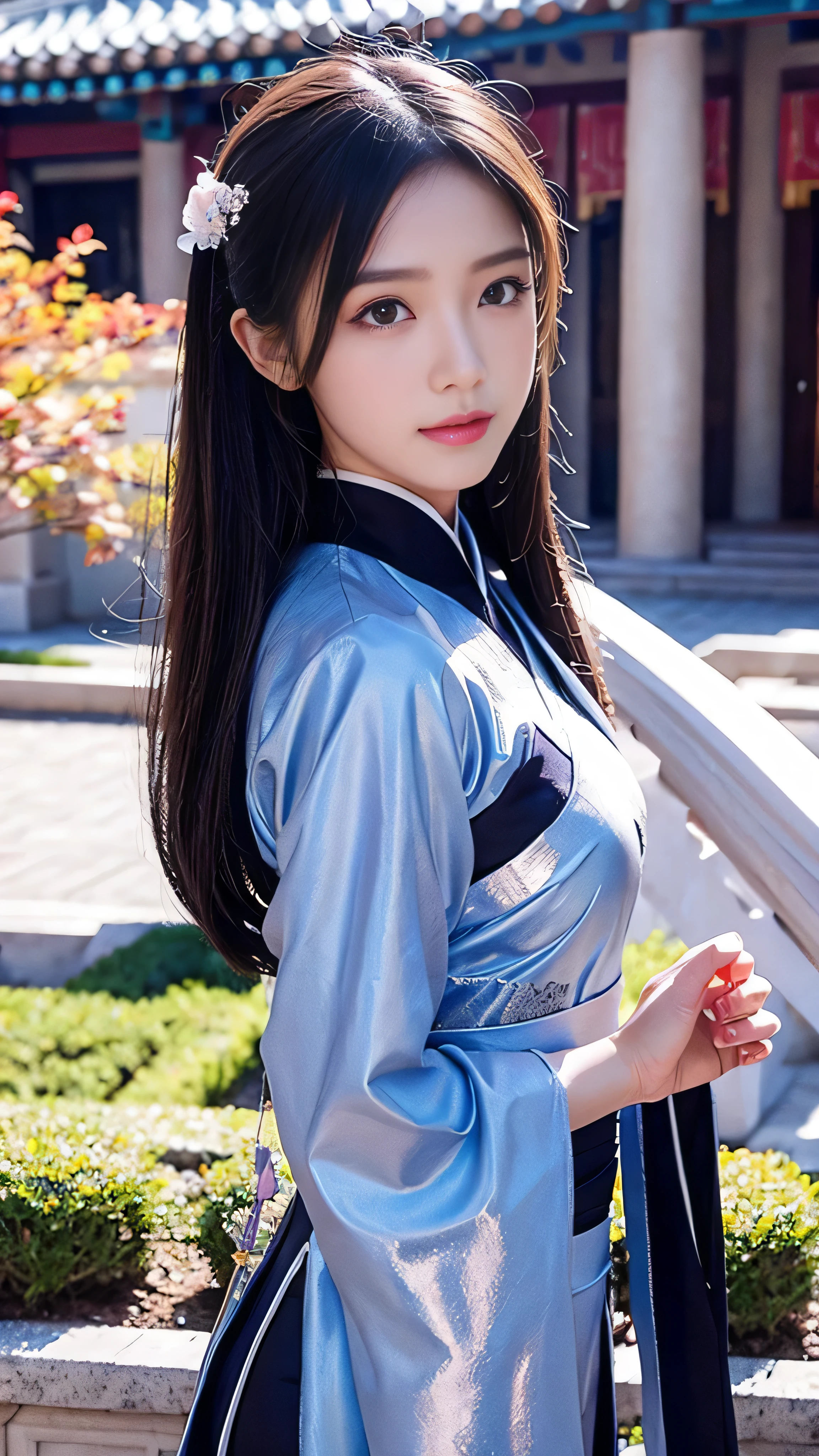 With high definition images， competition of attractive Chinese girls, whole body, Combat Stance, Sharp Eye,  with clear facial features , wearing Hanfu,  face details,  Holographic Reality,  Holographic Halo ,  Motion Blur , Game light effect, Edge light, Soft light, movie Edge light,  Delicate Light 、The large courtyard of the palace is in the background 。