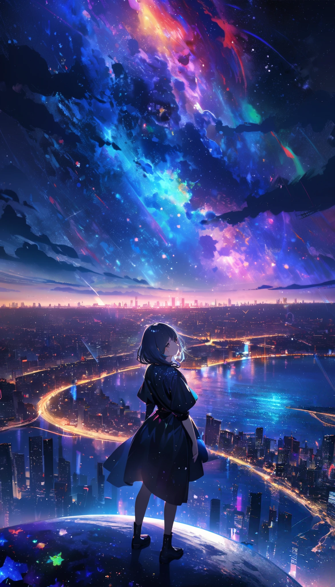 Anime girl standing on a rock looking at the city lights - SeaArt AI