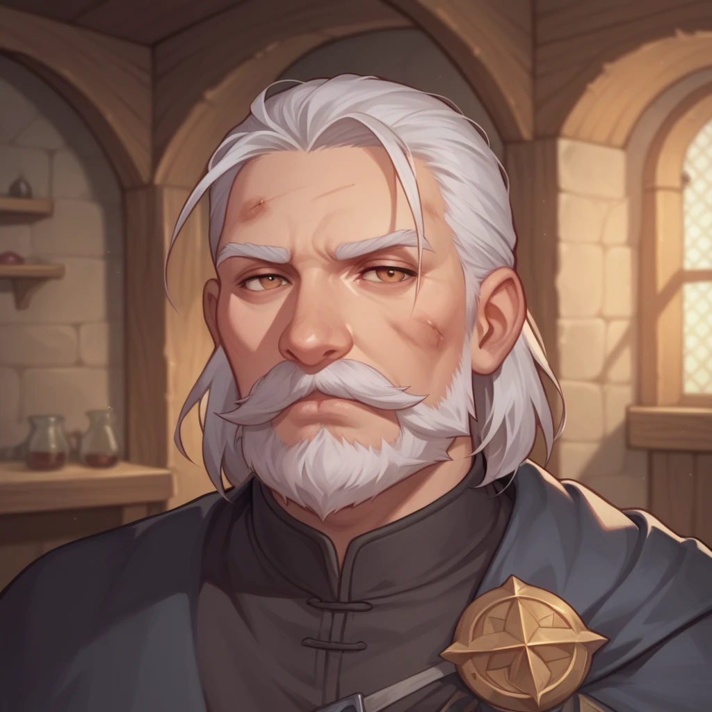 (((beautiful, high quality, detailed face))), score_9, score_8_up, score_7_up, BREAK, old man, mustache, beard, medium hair, straight hair mage, dirty robes, mage robes, black cloak, solo, portrait, upper body, portrait, facing viewer, serious face, tired look, fantasy tavern, blurred background, Expressiveh, detailxl