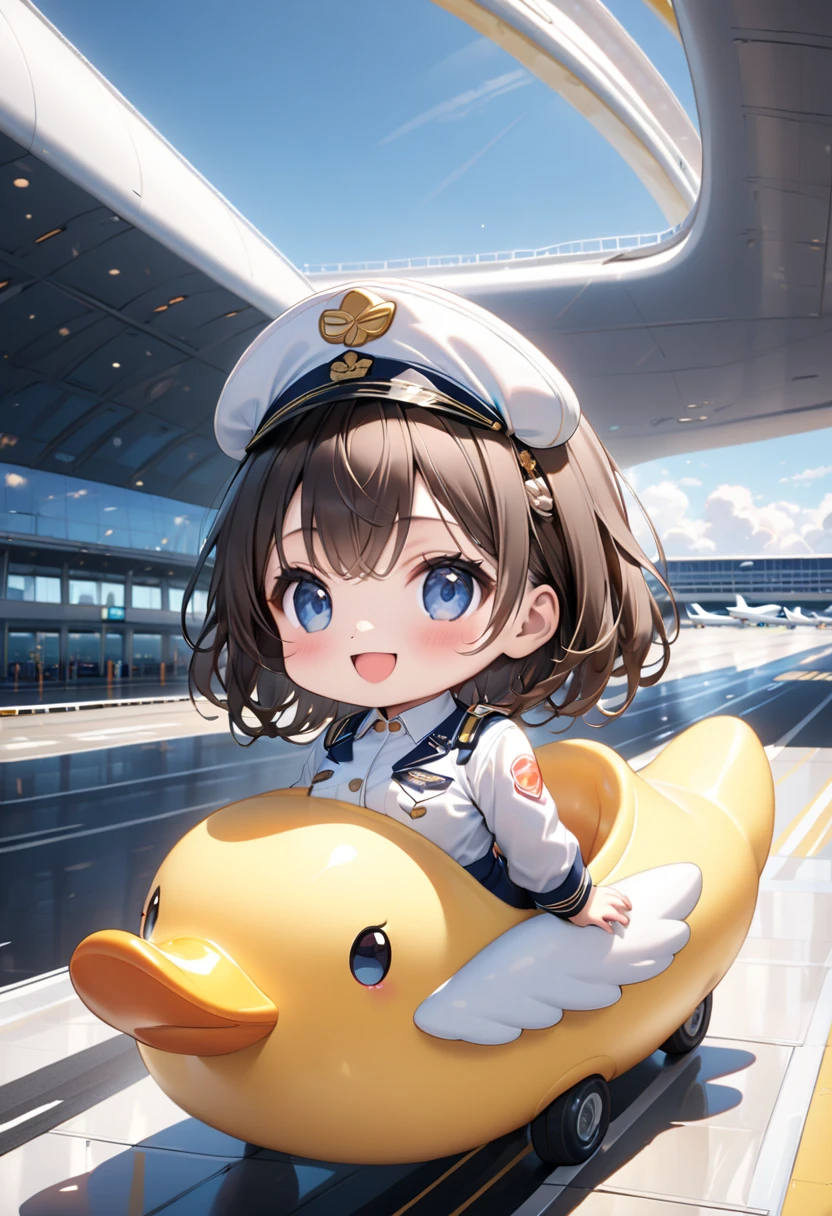 (masterpiece, ultra-detailed, best quality, clear focus, dramatic scene, cinematic), shadow, (ultra-high resolution, 8k), perfect anatomy, perfect face, (detailed face, detailed eye, chibi), cute Japanese chibi girl, famous Japanese chibi idol, (chibi:1.3), very beautiful and cute and cool face, (wearing a cute pilot uniform:1.3), (large breasts), (she is riding on a cockpit of the very cute giant fat duck shaped airplane at the airport:1.3), (detailed fluffy duck:1.2), there are a passenger jet on the runway and modern terminal building, she looks so fun, happy smile