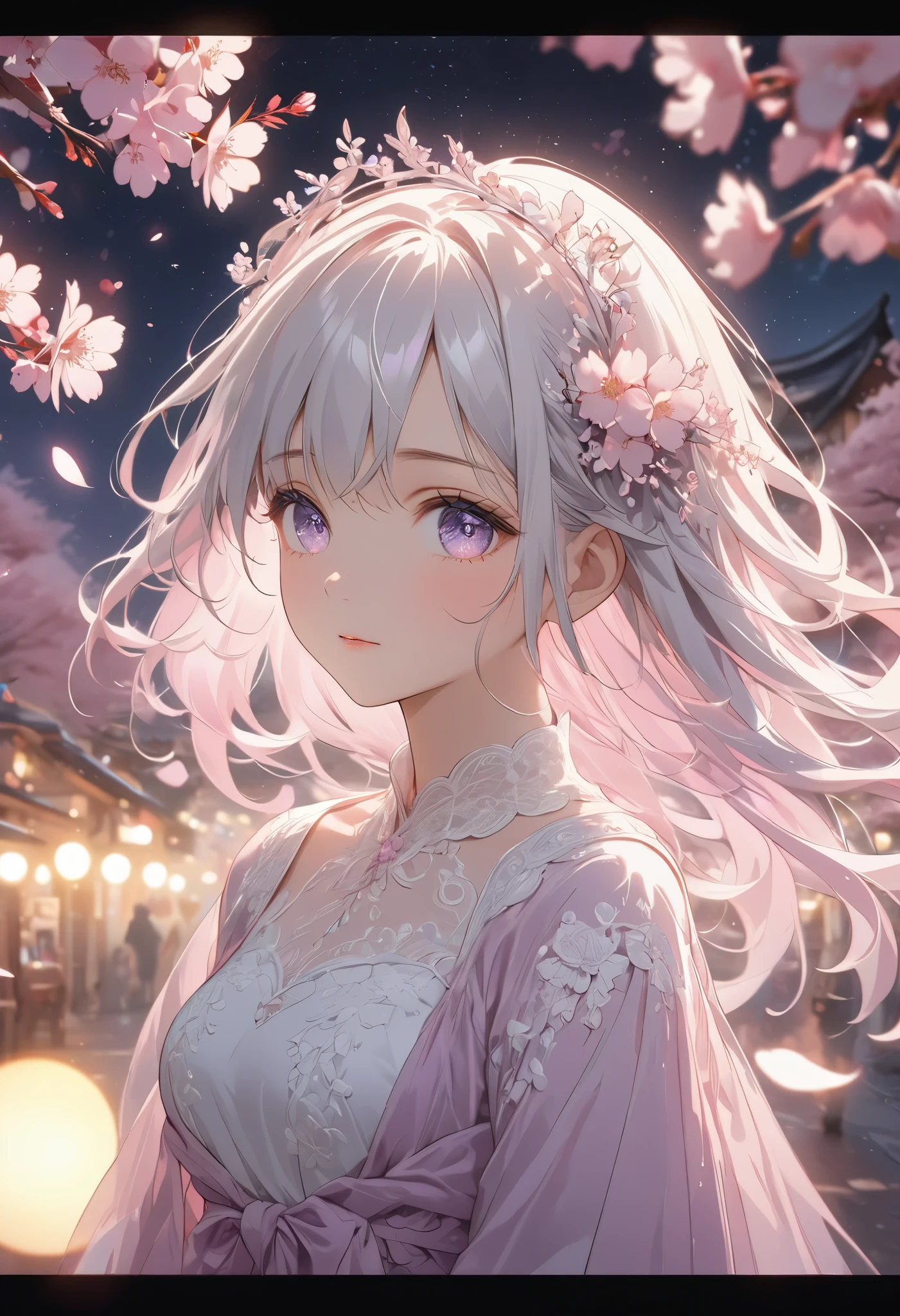 masterpiece, best quality, 8k, highres, ultra-detailed,HDR, UHD, studio lighting, ultra-fine painting, sharp focus, physically-based rendering, extreme detail description, professional, vivid colors, bokeh, portraits,BREAK, pastel,
Low Fidelity (lofi) art style,
pastel pink and purple tones, full moon, silver hair, anime girl, ethereal beauty, cherry blossoms, flowing white dress, floral headpiece, glowing moonlight, intricate lace details, delicate and graceful, serene expression, fantasy setting, detailed background, romantic atmosphere, sparkling night, high contrast lighting, soft glow