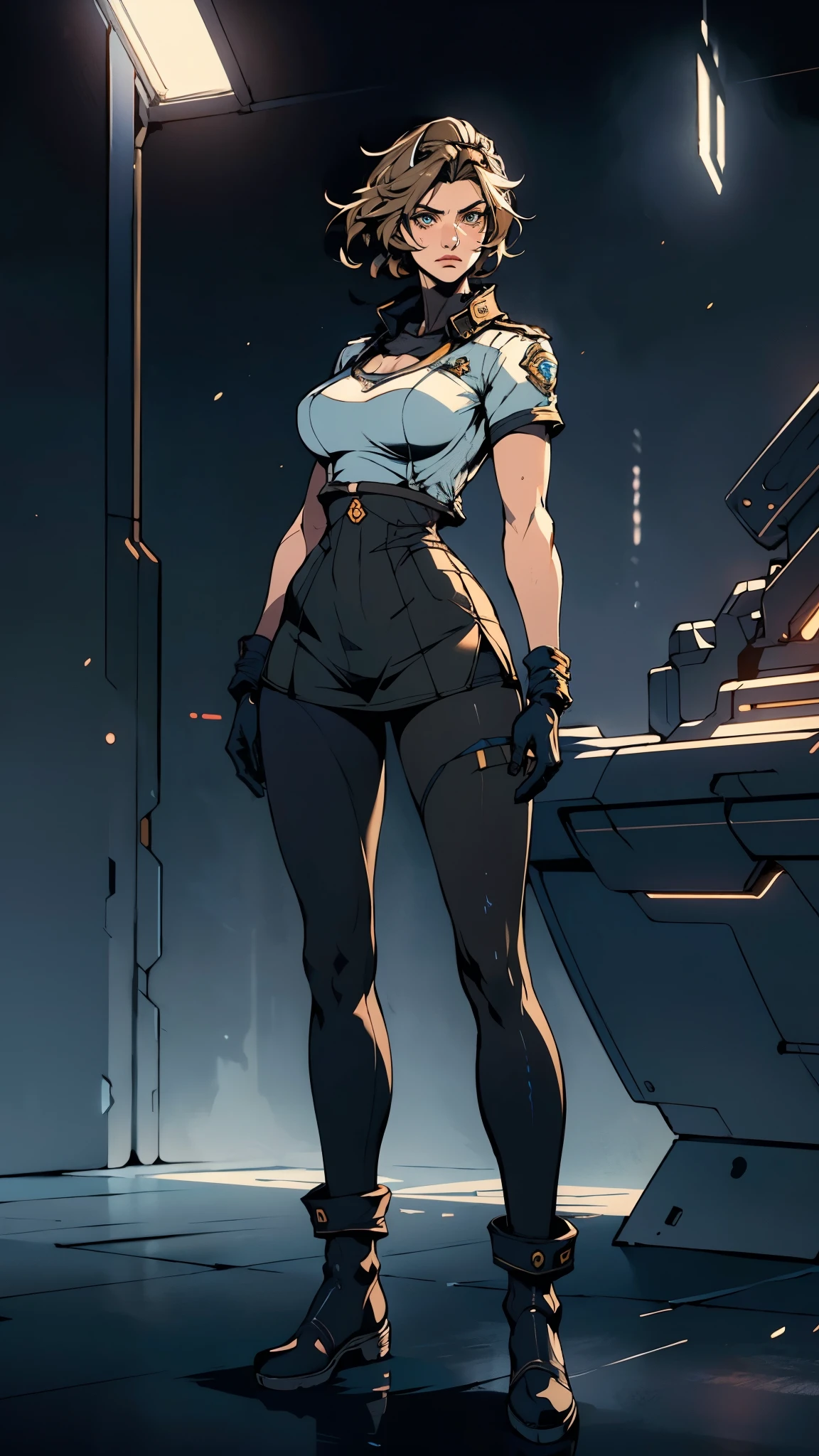 (masterpiece:1.2, best quality:1.2, extremely delicate:1.2), ((Alexandra Daddario:1.2)), a girl with short light golden hair, a metal headband on her forehead, icy gaze, detached expression, smooth and exquisite facial appearance, perfect body, perfect skin, porcelain skin, pale skin, sci-fi military uniform, short sleeves, gloves, short skirt integrated with the outfit, dark fitted pants, knee-high military boots, the color scheme is primarily White with Blue and Yellow accents, surrounded by AR virtual interfaces, standing in a futuristic sci-fi-styled room, this character embodies a finely crafted futuristic sci-fi female officer in anime style, exquisite and mature art style, exquisite photography, Photo realism, photorealistic, even and soft lighting on face, dramatic, high definition, highres, ultra-detailed, ultra-fine painting, professional, perfect body proportions, anatomically correct, symmetrical face, extremely detailed eyes and face, high quality eyes, creativity, RAW photo, UHD, 32k, portrait lighting, Natural light, cinematic lighting, (masterpiece-anatomy-perfect:1.2)
