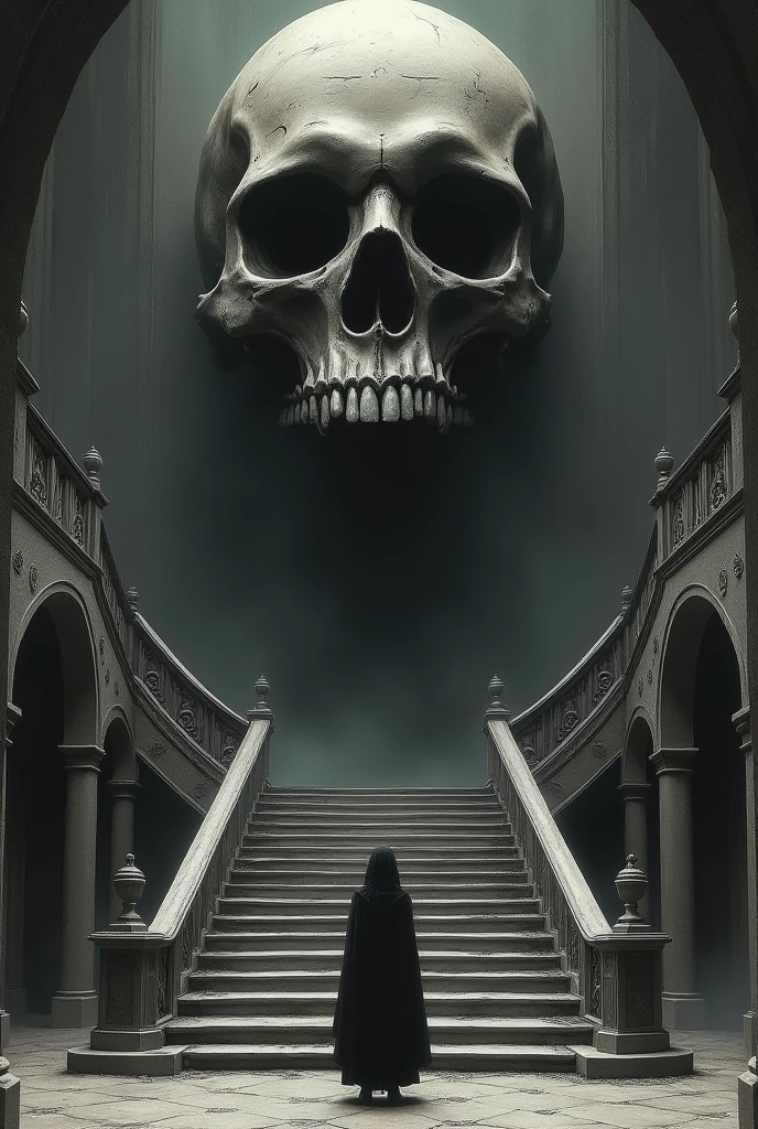   detailed picture inspired by a picture of Beksinsky,  figure standing in front of the grand staircase 、 giant skull at the back of the stairs 、a Detailed drawing inspired by Santiago Caruso, Tumbler, Gothic art, highly detailed dark art, Demizu Posuka,  Santiago Caruso's style , Kilian Eng. Moebius, zisław beksiński  , 4K. Detailed drawing