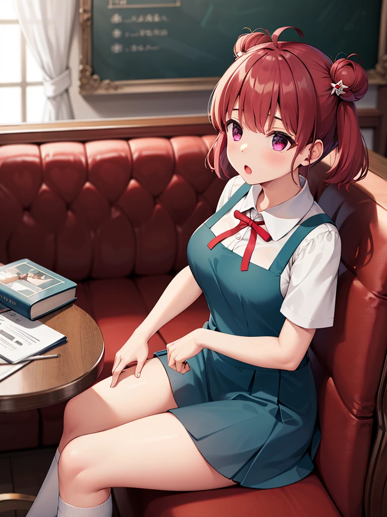 masterpiece, best quality, highres, 1girl, solo, short hair, red hair, short twintails, double bun, ahoge, hair ornament, purple eyes, large breasts, school uniform, neck ribbon, white shirt, pinafore dress, short sleeves, sitting, room, :o, sofa