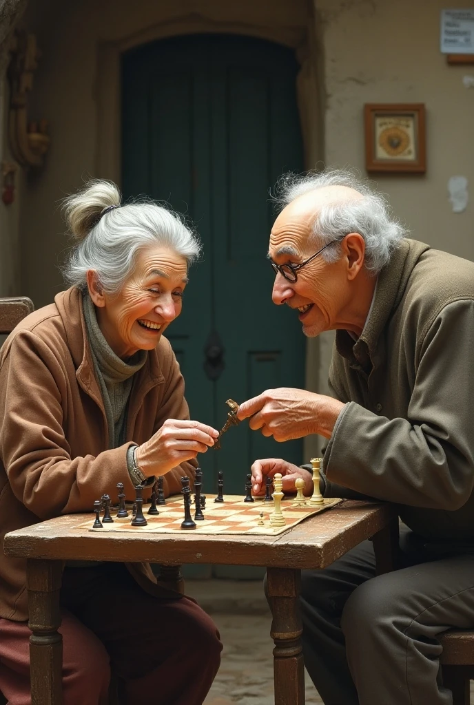 A grandmother and a grandson, Grandfather near grandson playing checkers Cinematic and realistic image with a very detailed environment