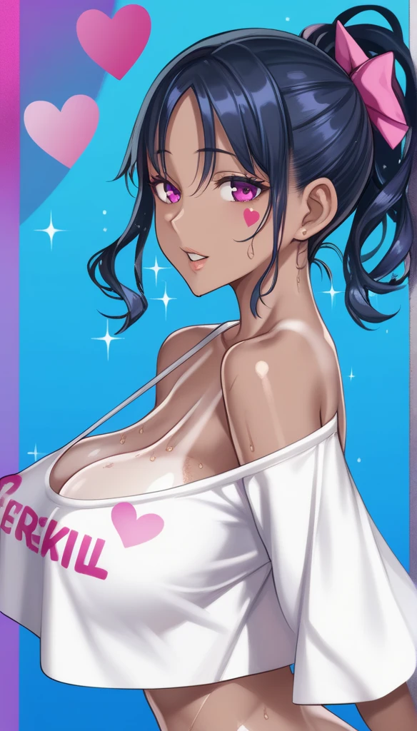 (score_9, score_8_up, score_7_up, score_6_up, score_5_up, score_4_up, just describe what you want, tag1, tag2, highest quality, Best quality, masterpiece,) BREAK she has small breasts, (((perky breasts))), ((covered nipples)), (cleavage) BREAK , slender waist, skinny,  , round face , BREAK ( ( happy), (half open eye), (parted lips), ) BREAK ( hind hair, tanned skin, tanned line)  BREAK ((((extremely extremely close-up face, bust-up, looking at viewer, from side, from behind, looking back)))), (((1 lady, she is wearing oversized shirt, sheer idol costume, separate breasts, sagging breasts, writing tatto at breast “LOVE”, making heart mark using both hands nearby her chin , sparkle, glitter, pop style background, ))), ral-polaroid