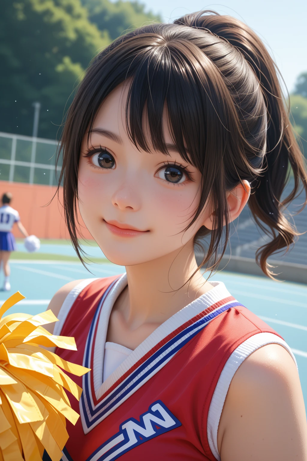 score_9,score_8_up,score_7_up,BREAK, rating_safe,source_real,one girl,tiny,medium shot,round face,round chin,idol eyes,black eyes,cheerleader uniform,small nose,small mouth,straight hair,smile,looking at viewer,medium breasts,outdoors