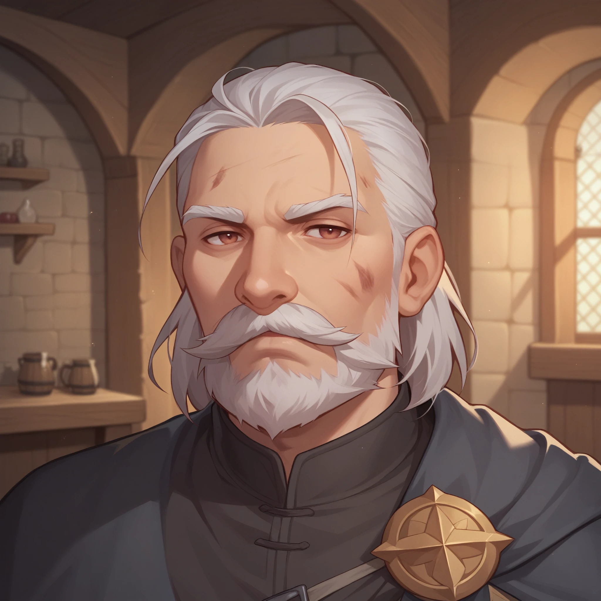 (((beautiful, high quality, detailed face))), score_9, score_8_up, score_7_up, BREAK, old man, mustache, beard, medium hair, straight hair mage, dirty robes, mage robes, black cloak, solo, portrait, upper body, portrait, facing viewer, serious face, tired look, fantasy tavern, blurred background, Expressiveh, detailxl