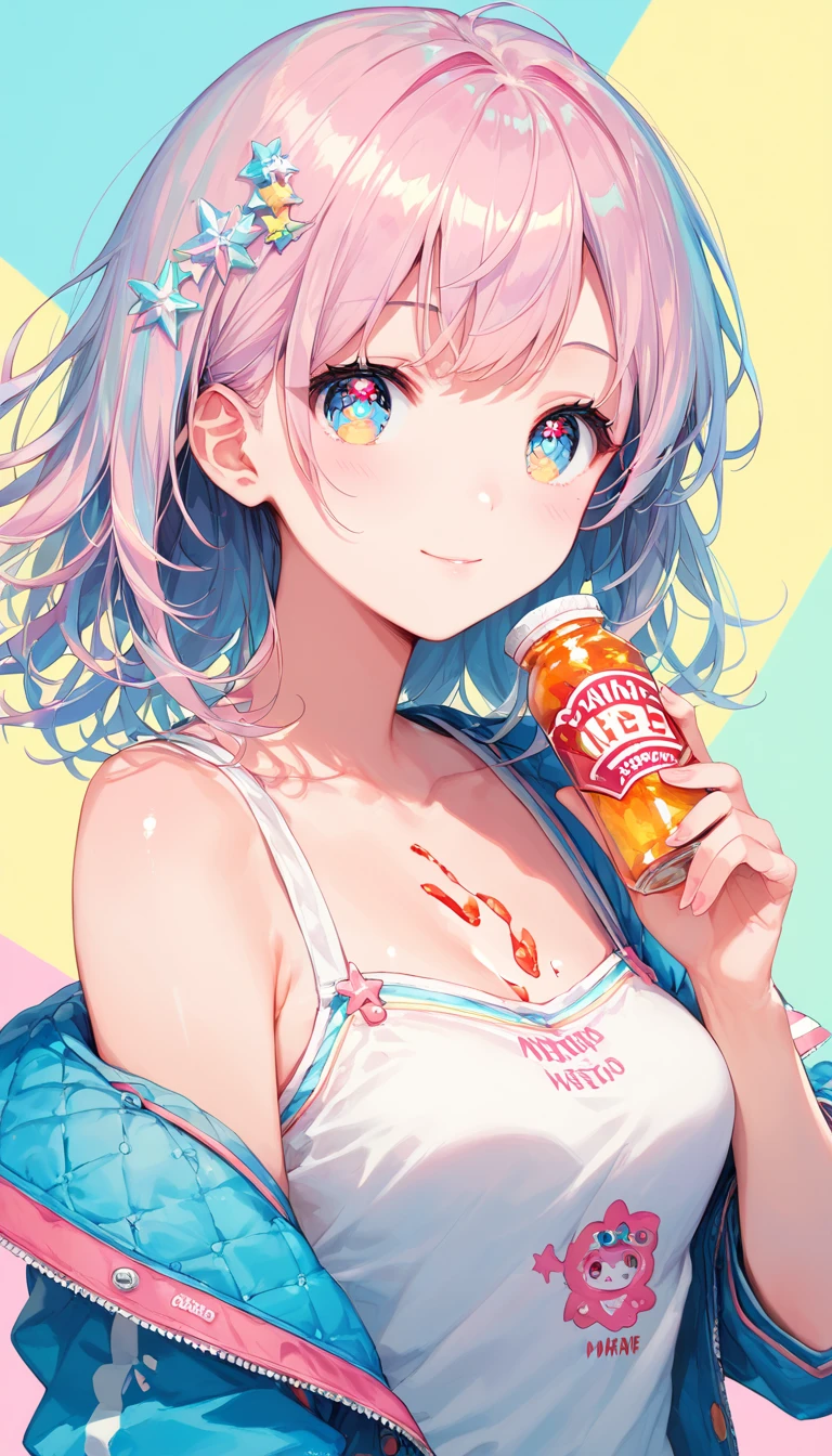 Score_9, Score_8_superior, Score_7_superior,sauce_anime, High-resolution images,masterpiece,Best Quality,girl,Cute face,Beautiful Skin,Shiny Hair,Highly detailed eyes,Pastel color background, Jojipan, 